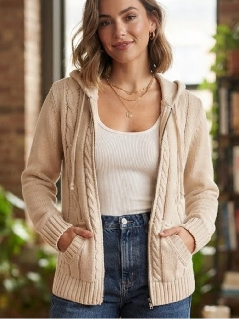 Bass Cotton Minimalist Casual Collegiate  Cable Knit Zip Up Hoodie XS